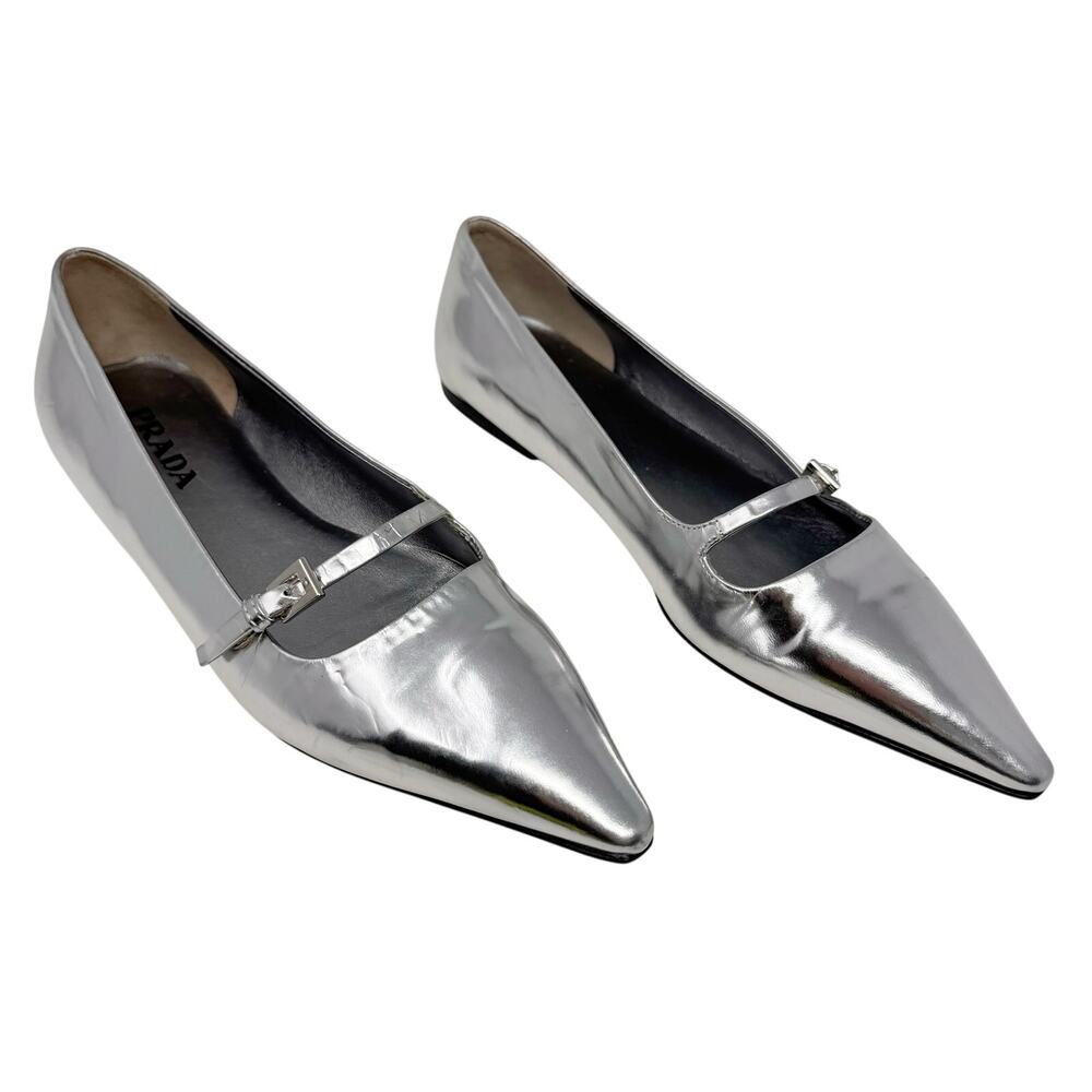 Prada Silver Metallic Leather Pointed Toe Mary Jane Flats 36